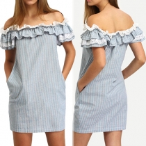 Sexy Slash Neck Lace Spliced Flouncing Striped Dress