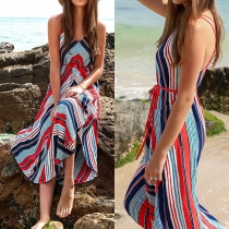 Sexy Backless V-neck Striped Beach Maxi Dress