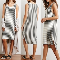 Fashion Sleeveless Round Neck High-low Hem Striped Dress