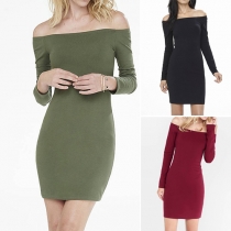 Sexy Slash Neck Long Sleeve Slim Fit Solid Color Dress