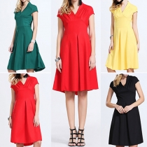 OL Style Short Sleeve V-neck High Waist Solid Color Dress