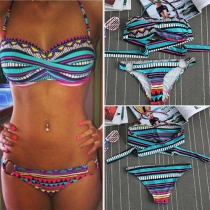 Ethnic Style Colorful Printed Halter Bikini Set
