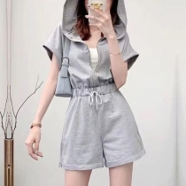 Fashion Solid Color Short Sleeve Hooded Gathered Waist Rompers