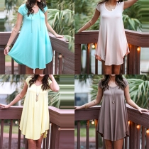 Fashion Solid Color Short Sleeve Round Neck Irregular Hem T-shirt Dress