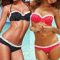 Sexy Lace Spliced Dots Printed Halter Bikini Set