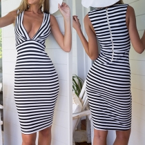 Sexy Deep V-neck Sleeveless Slim Fit Striped Dress