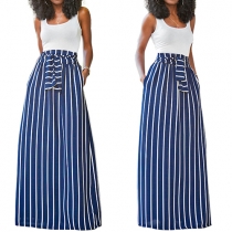 Fashion White Tank Tops + High Waist Striped Maxi Skirt Two-piece Set