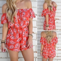 Sexy Slash Neck Gathered Waist Printed Rompers