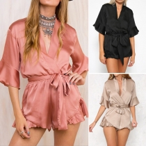 Sexy Deep V-neck Solid Color Flouncing Lace-up Rompers