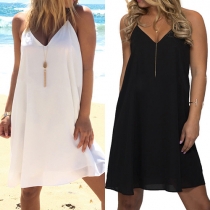 Sexy Backless V-neck Solid Color Sling Beach Dress