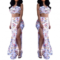 Sexy Backless Cami Tops + High Waist Slit Hem Maxi Skirt Printed Set