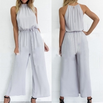 Sexy Off-shoulder Flouncing Stand-collar Gathered Waist Jumpsuits