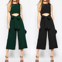 Sexy Hollow Out High Waist Sleeveless Solid Color Jumpsuits
