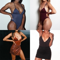 Sexy Backless Deep V-neck Solid Color One-piece Swimsuit