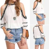 Sexy Cold-shoulder Sleeves Round Neck Tassel Chiffon Tops 