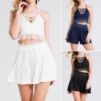 Sexy Backless Cami Tops + High Waist Shorts Two-piece Set