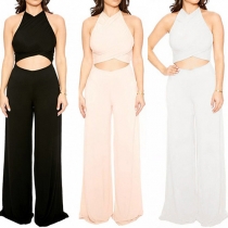 Sexy Backless Hollow Out High Waist Solid Color Jumpsuits