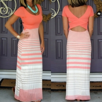 Sexy Backless Short Sleeve Round Neck Striped Spliced Maxi Dress