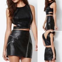 Sexy Sleeveless Crop Tops + High Waist Bust Skirt PU Leather Two-piece Set
