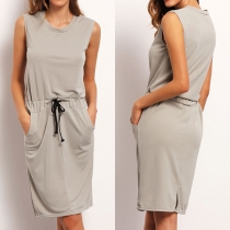 Chic Style Sleeveless Round Neck Gathered Waist Solid Color Dress