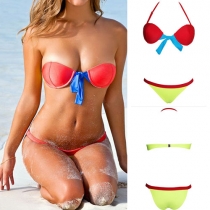 Sexy Contrast Color Bowknot Push-up Bandeau Bikini Set