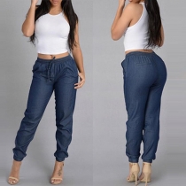 Casual Style Elastic Waist Relaxed-fit Jeans