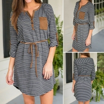 Fashion Button-Tab Sleeve V-neck Striped Dress