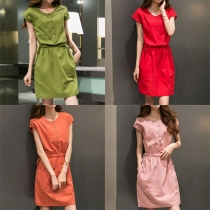 Casual Style Short Sleeve Round Neck Solid Color Dress