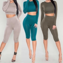 Fashion Long Sleeve Crop Tops + High Waist Half Pants Two-piece Set