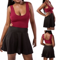 Sexy Backless U-neck Contrast Color Sleeveless Dress