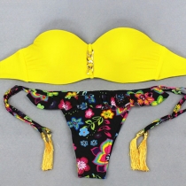 Sexy Bandeau Tops Flowers Printed Shorts Two-piece Bikini Swimwear