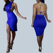 Sexy Solid Color Halter Backless Irregular Hem Bodycon Dress