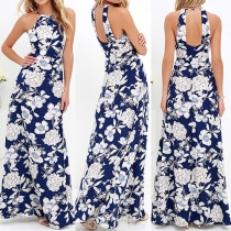 Sexy Backless Off-shoulder Printed Maxi Dress
