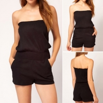 Sexy Strapless Elastic Waist Solid Color Rompers