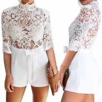 Sexy High Neck Lace Hollow Out Romper with Waist Belt