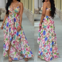 Sexy Flowers Printed Sleeveless Backless High-low Dress