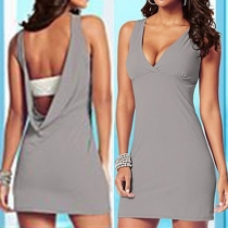 Sexy Solid Color V-neck Backless Sleeveless Dress
