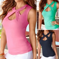 Sexy Solid Color Crossed Neckline Sleeveless Tops