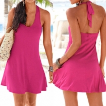 Sexy Solid Color Round Neck Sleeveless Halter Dress