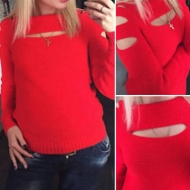 Sexy Solid Color Boat Neckline Hollow Out Knit Sweater