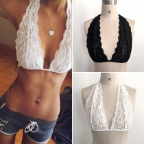Sexy Solid Color Deep V-neck Halter Lace Bra