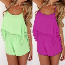 Sexy Backless Solid Color Tassel Sling Rompers