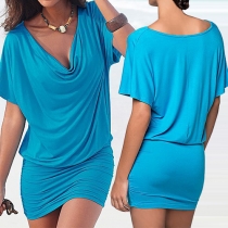 Fashion Solid Color Short Sleeve Cowl Neck Beach Dress