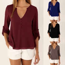 Fashion Solid Color Long Sleeve V-neck Chiffon Shirt