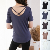 Casual Style Solid Color Round Neck Cross Back Tops