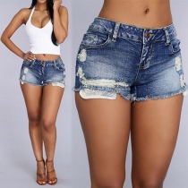 Fashion Two-side Pockets Denim Shorts with Holes For Women
