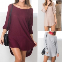 Fashion Style Solid Color Round Neck Long Sleeves High-low Dress
