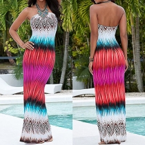Sexy Contrast Color Strapless Striped Printed Maxi Dress