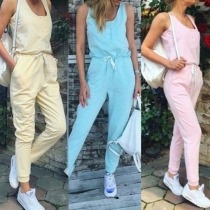 Vogue Solid Color U-neck Sleeveless Drawstring Waist Jumpsuit