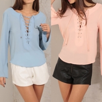 Sexy Solid Color Front Criss Cross Long Sleeve V Back Blouse